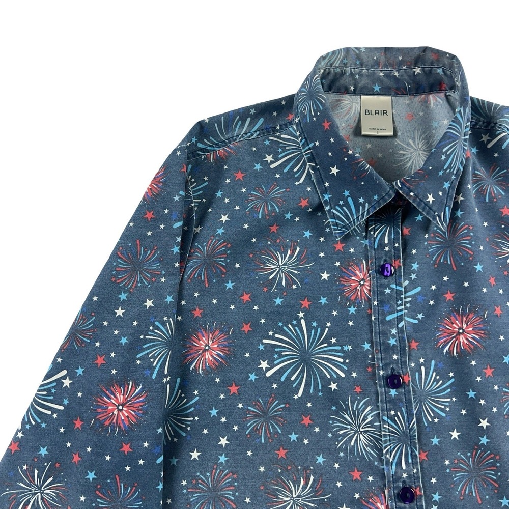 Blair Button Up Shirt Women Large Blue Fireworks Patriotic 3/4 Sleeve Top - Picture 2 of 11